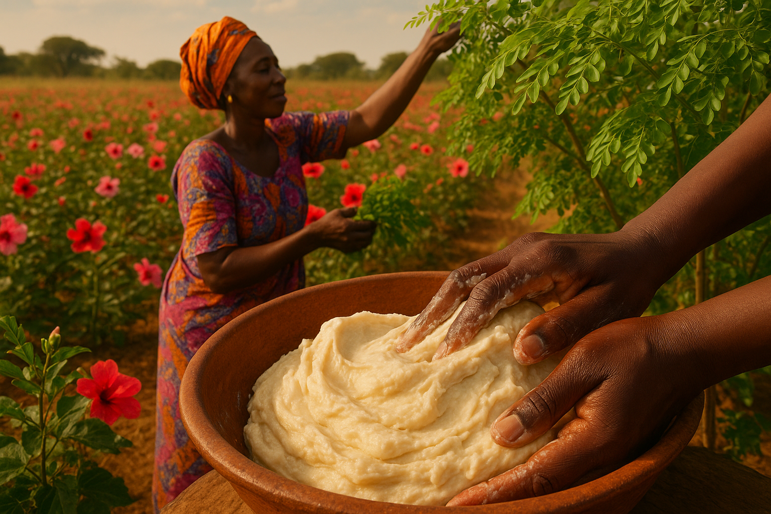 en une seule image mains de productrices malaxant du beurre de karité avec arrière plan champs d'hibiscus et une autre femme sénégalaise récolter dans un champ de moringa
